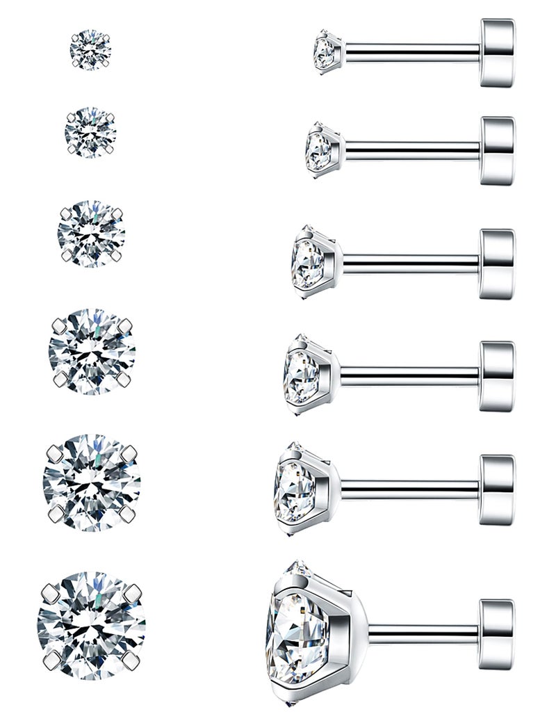 WSSXC 6 Pairs Hypoallergenic Cubic Zirconia Earrings Surgical Steel Flat Back Studs for Cartilage, Screw Back Fashion Jewelry - Image 1